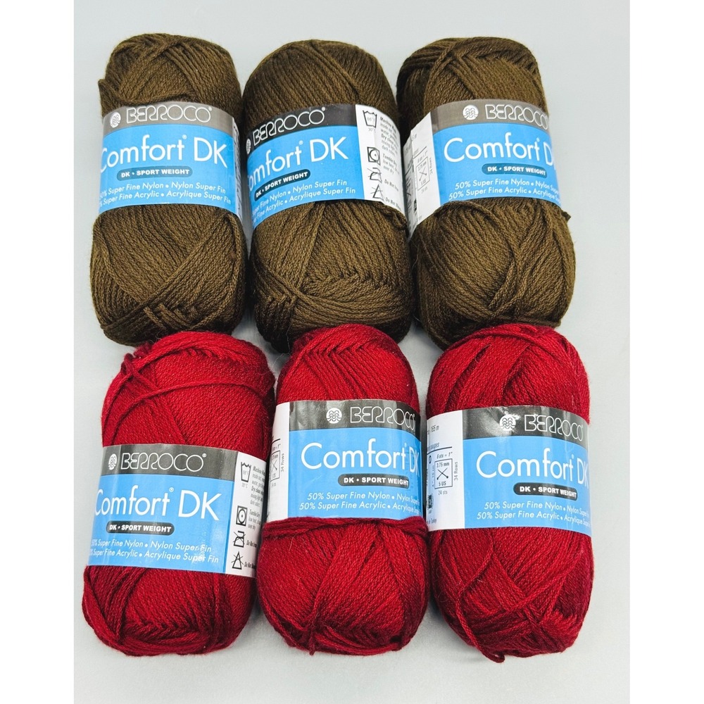Berroco Comfort DK Yarn Red and Brown Lot of 6 Skeins DK Sport Weight 50g Each